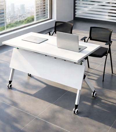 White foldable training table with wheels and modern design