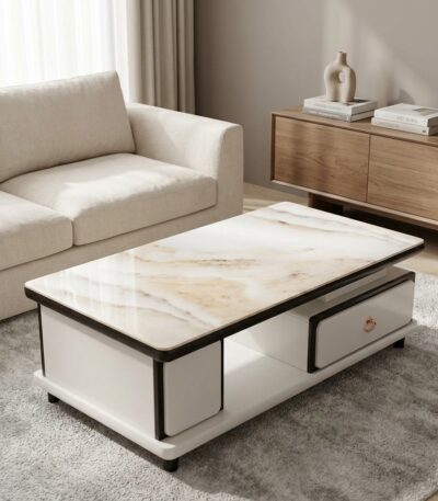 Marble coffee table with polished top and modern base