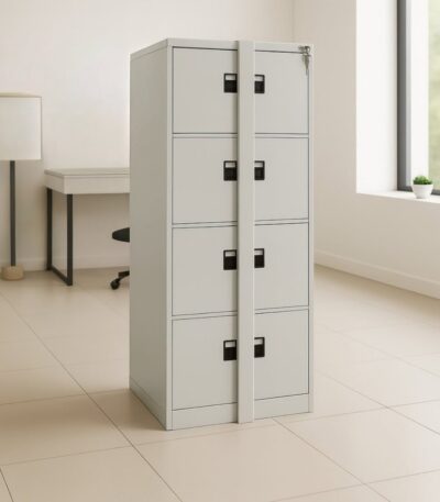 4‑drawer steel office cabinet with central locking bar