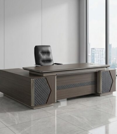 Modern Wooden Executive Office Desk with leather panels and metallic trim