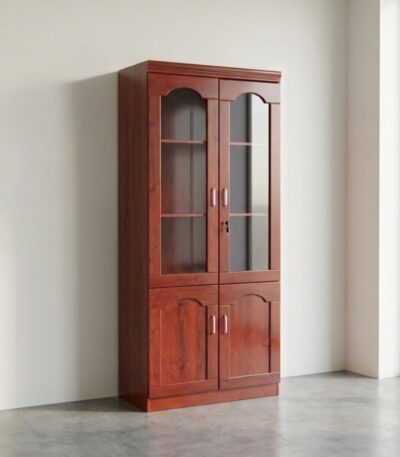 Wooden filing cabinet with glass upper doors and solid lower compartments