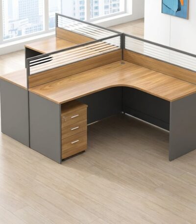 2‑Way L‑Shaped Workstation with wood‑grain finish and frosted glass partition